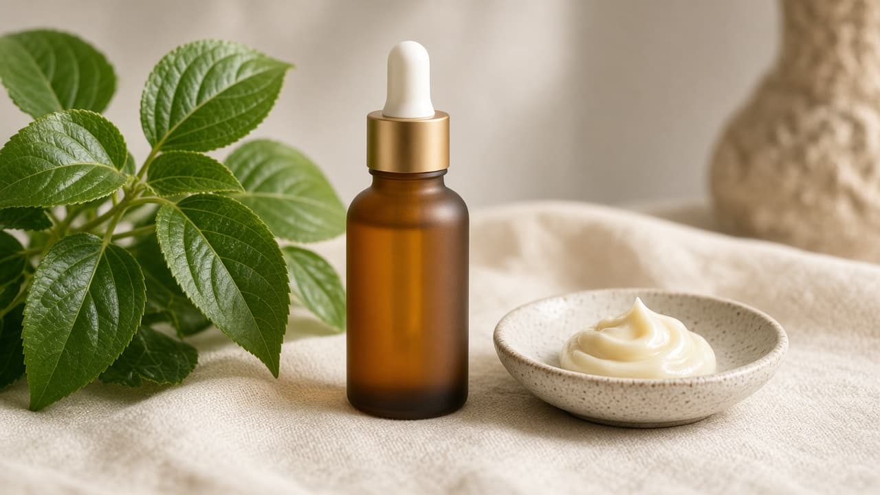 Amber serum bottle beside green leaves and cream on linen