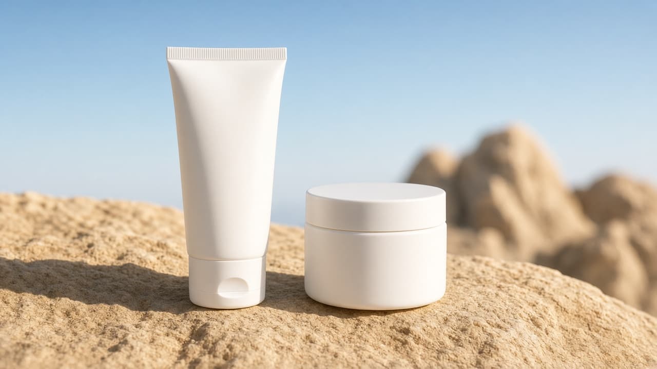 Sunscreen tube and jar on sunlit sandstone
