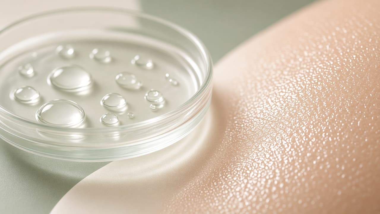 Dewy serum droplets in a glass dish against soft skin texture