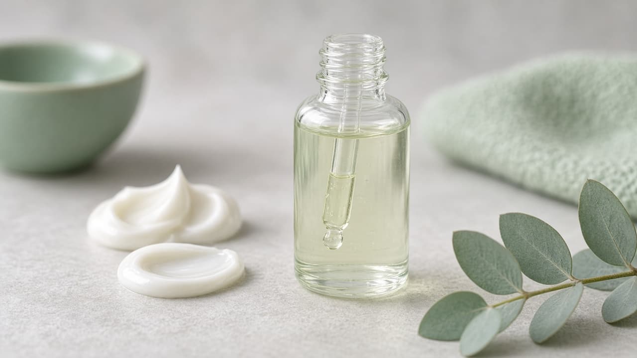 Clear serum dropper bottle with cream swatches on pale stone