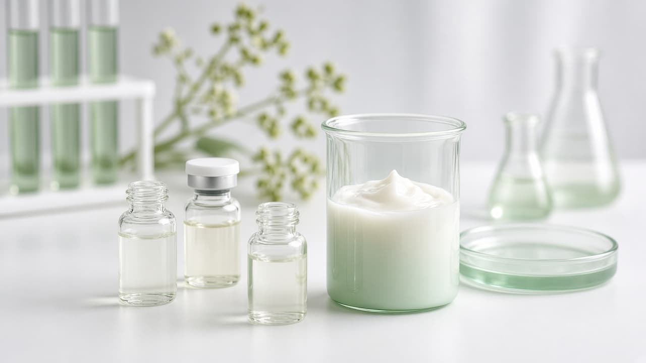 Peptide serum vials and beaker of white emulsion on a lab bench